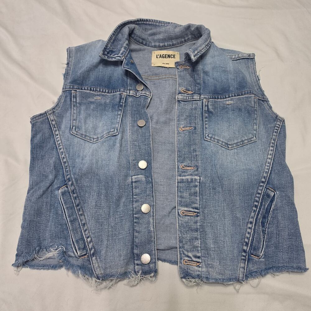 L’AGENCE Janelle Denim Jacket Vest L Cut-Off Sleeveless Raw Hem Light Wash
